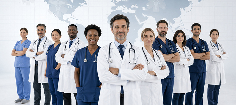 Des professionnels de santé aligné devant un arrière plan représentant une planisphère - La Prévention Médicale Des professionnels de santé aligné devant un arrière plan représentant une planisphère - La Prévention Médicale