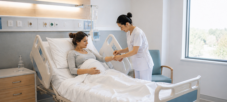 Une aide-soignante attache un bracelet d'identitovigilance à une patiente enceinte alitée - La Prévention Médicale Une aide-soignante attache un bracelet d'identitovigilance à une patiente enceinte alitée - La Prévention Médicale