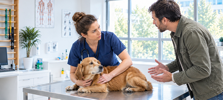 Un vétérinaire examine un chien face à son maître mécontent - La Prévention Médicale Un vétérinaire examine un chien face à son maître mécontent - La Prévention Médicale