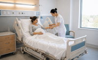 Une aide-soignante attache un bracelet d'identitovigilance à une patiente enceinte alitée - La Prévention Médicale Une aide-soignante attache un bracelet d'identitovigilance à une patiente enceinte alitée - La Prévention Médicale