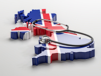 Illustration du Royaume-Uni aux couleurs de l'Union Jack avec un stéthoscope - La Prévention Médicale