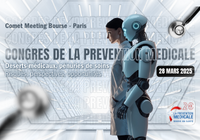 Visuel futuriste en perspective avec une femme médecin et un robot en premier plan - La Prévention Médicale