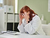 Une femme médecin, assise à son bureau, se tient la tête devant l'écran de son ordinateur - La Prévention Médicale